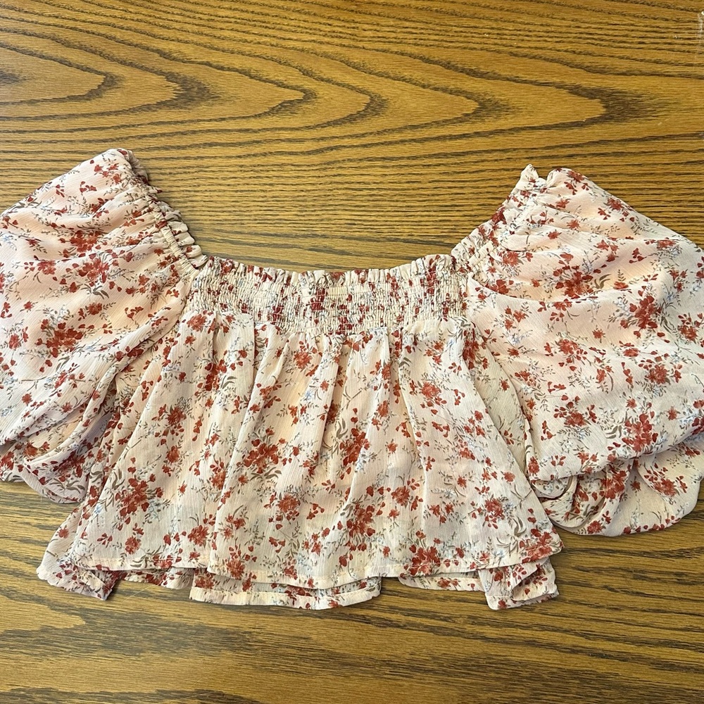 Altar'd State Puff Sleeve Floral Crop Top with Red Blossoms